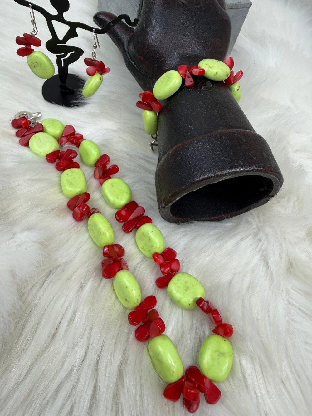 Set of Three Green Stone & Red Coral Beaded Jewelry Necklace, Earrings, Bracelet